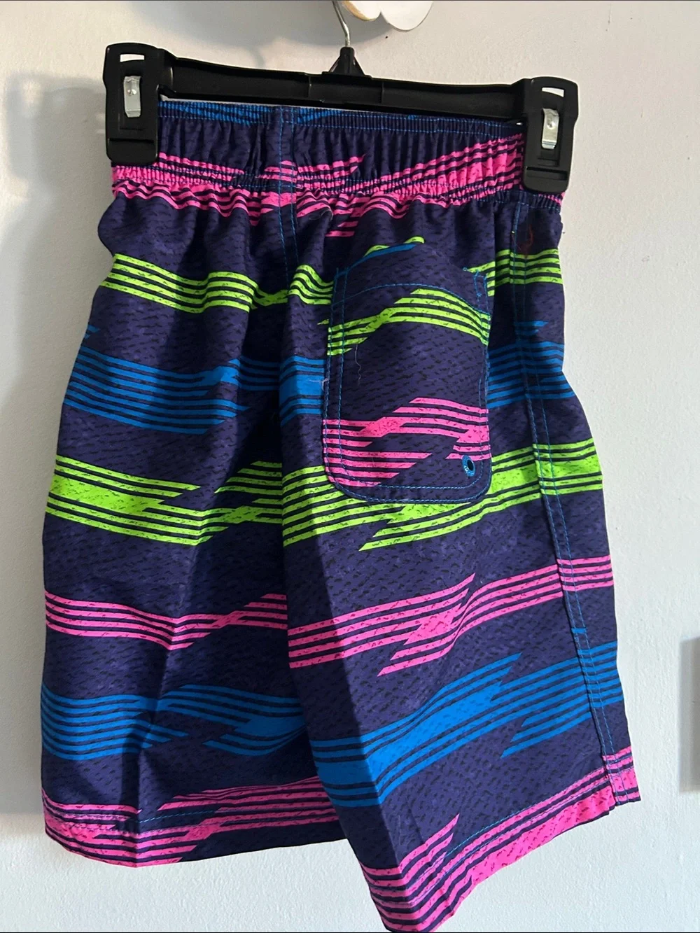 NWT Speedo Boys Navy Swim Trunks with Blue, Pink & Lime Stripes
